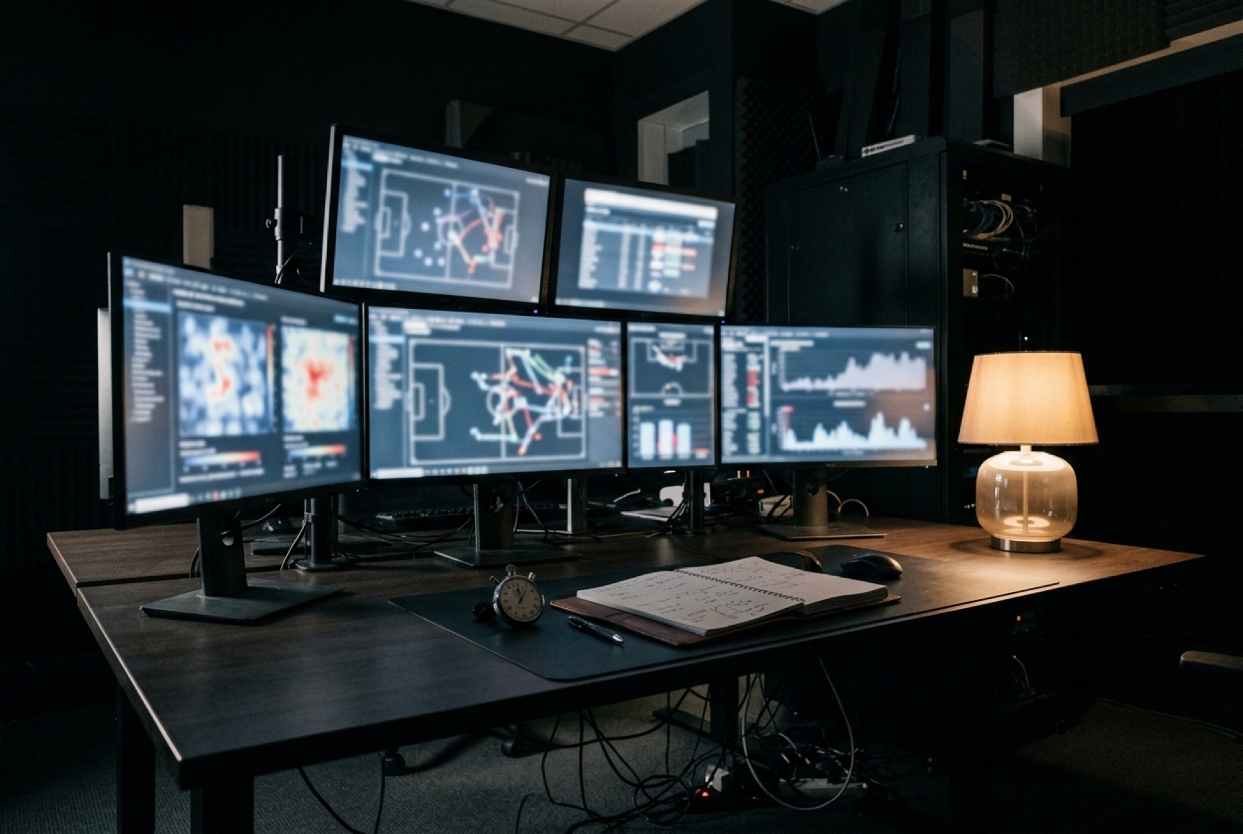 Analysearbeitsplatz bei Nacht mit Spielfelddiagrammen auf mehreren Monitoren